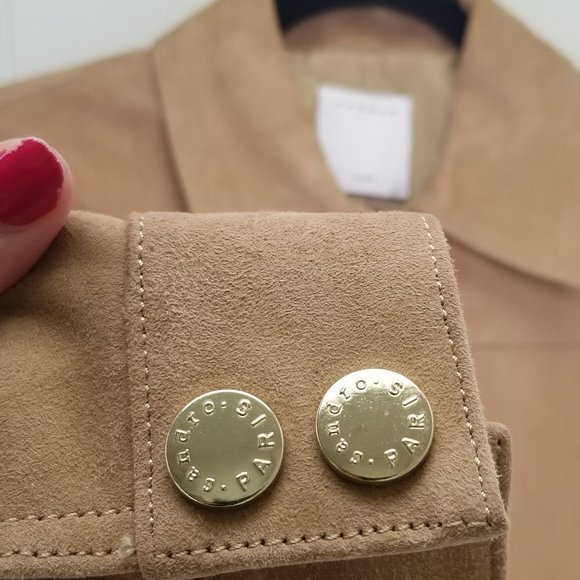Sandro Paris Tan Patriote Studded Pockets Suede Leather Jacket Size 2 or Medium - Picture 8 of 11